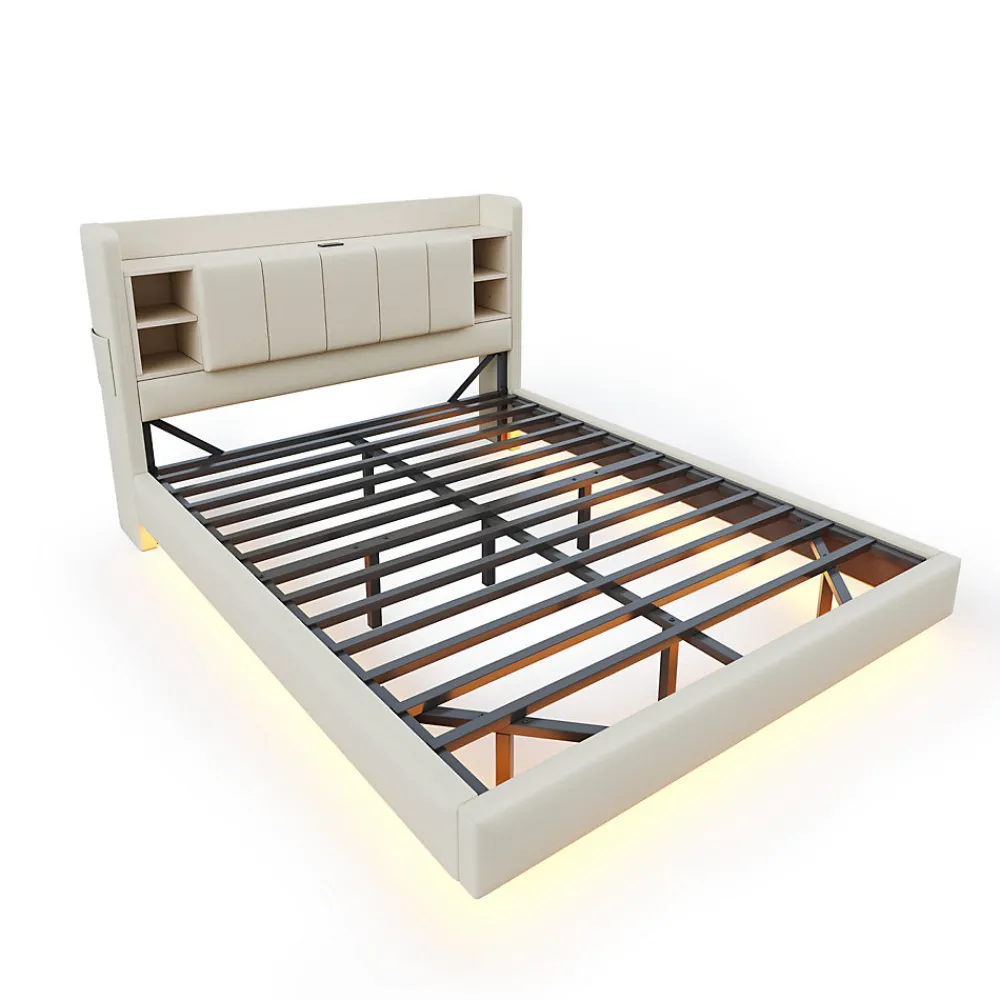 Lit double 140x200 cm en lin beige avec cadre métal, tête réversible avec étagères, port USB et bande lumineuse>ProximaX