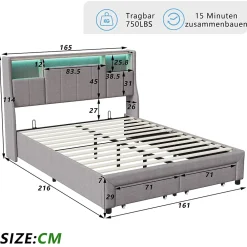 ProximaX Lit double 160x200 cm en lin gris avec 2 tiroirs, tête de lit à poches latérales, rangements intégrés et LED* Lit Coffre