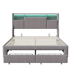 ProximaX Lit double 160x200 cm en lin gris avec 2 tiroirs, tête de lit à poches latérales, rangements intégrés et LED* Lit Coffre