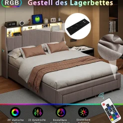ProximaX Lit double 160x200 cm en lin gris avec 2 tiroirs, tête de lit à poches latérales, rangements intégrés et LED* Lit Coffre