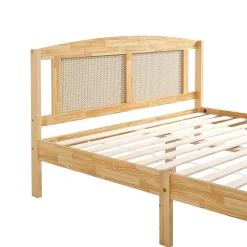 ProximaX Lit Double 160x200 cm en Pin et Rotin PE avec Coussin, 15 Lattes et Pied Central, Lit pour Adolescents et Adultes* Lit Coffre