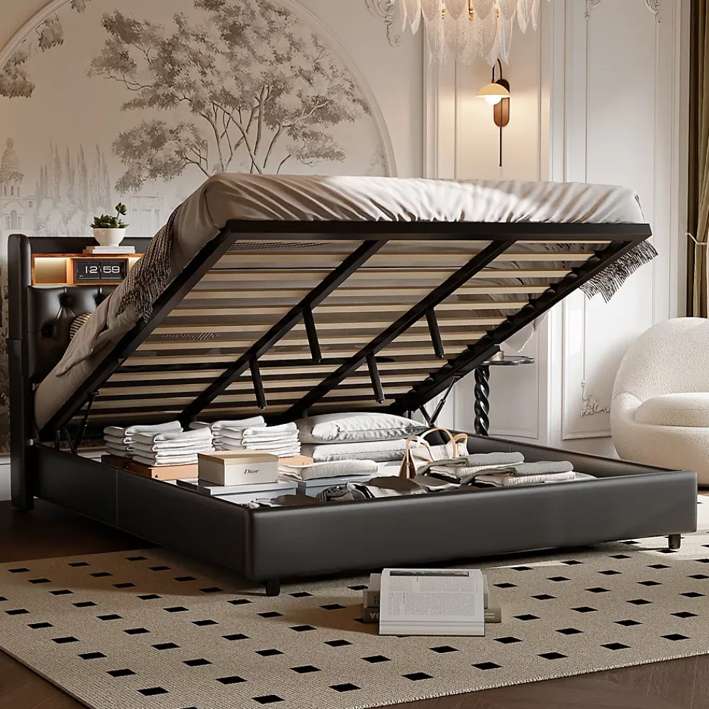 ProximaX Lit double 180x200 cm en PU noir avec coffre à vérin, tête de lit LED, rangement pratique et ports USB EU intégrés* Lit Coffre