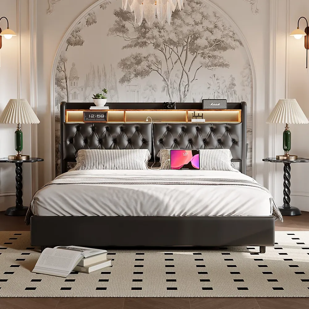 ProximaX Lit double 180x200 cm en PU noir avec coffre à vérin, tête de lit LED, rangement pratique et ports USB EU intégrés* Lit Coffre
