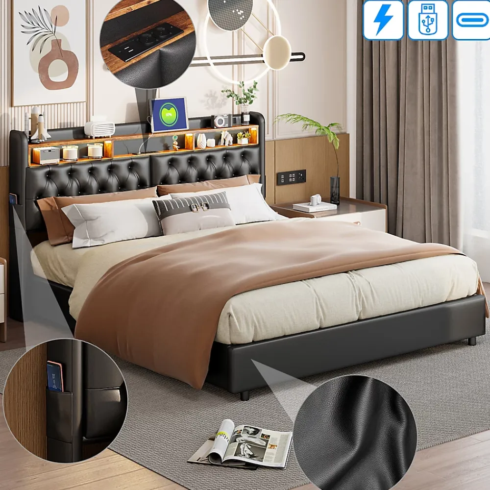 ProximaX Lit double 180x200 cm en PU noir avec coffre à vérin, tête de lit LED, rangement pratique et ports USB EU intégrés* Lit Coffre