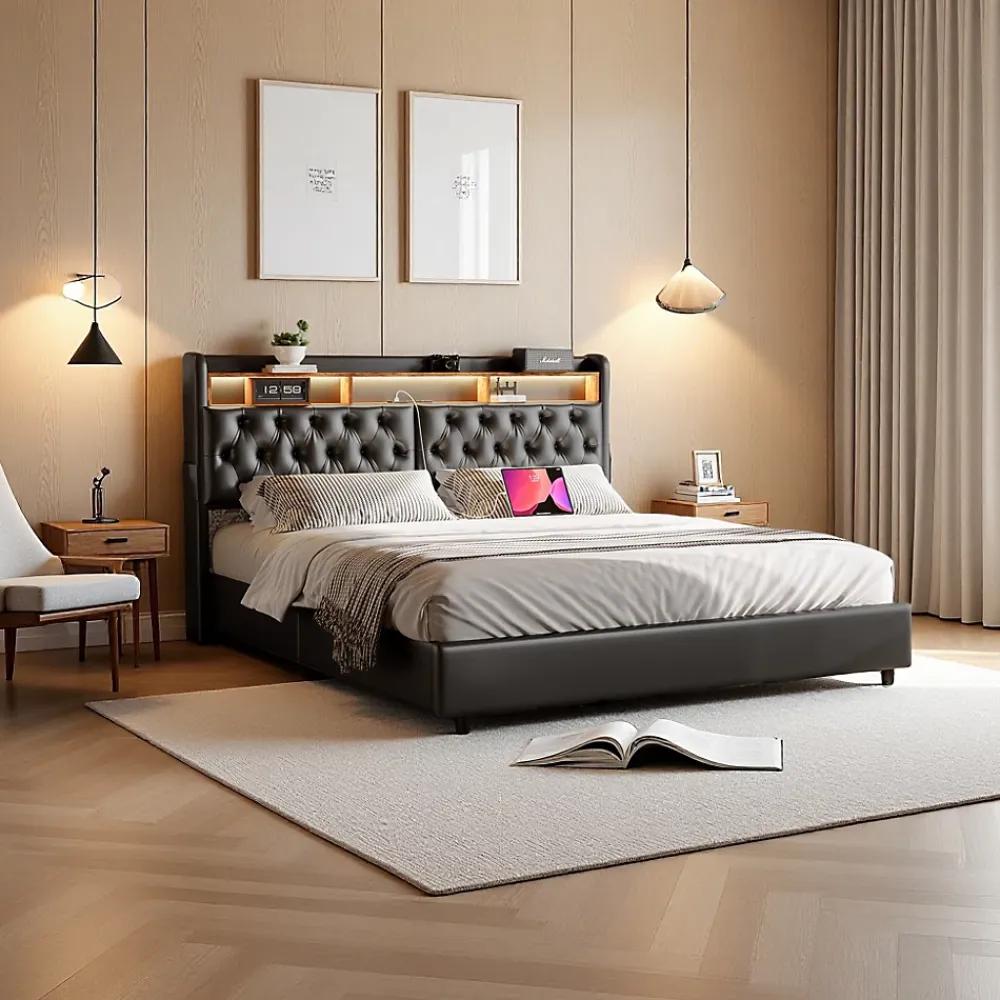 ProximaX Lit double 180x200 cm en PU noir avec coffre à vérin, tête de lit LED, rangement pratique et ports USB EU intégrés* Lit Coffre