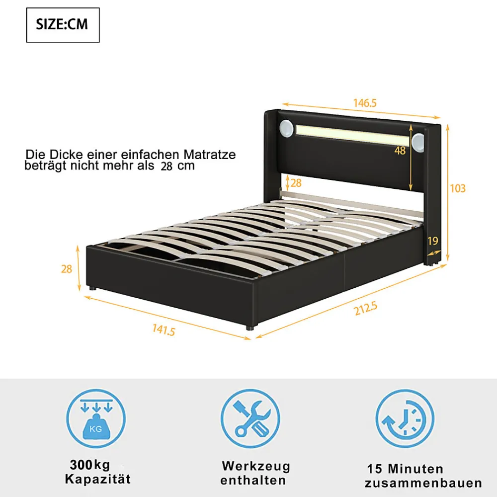 Lit double 140x200 cm en similicuir noir avec LED, lecteur Bluetooth, ports USB et rangement, lit pratique et moderne>ProximaX Sale