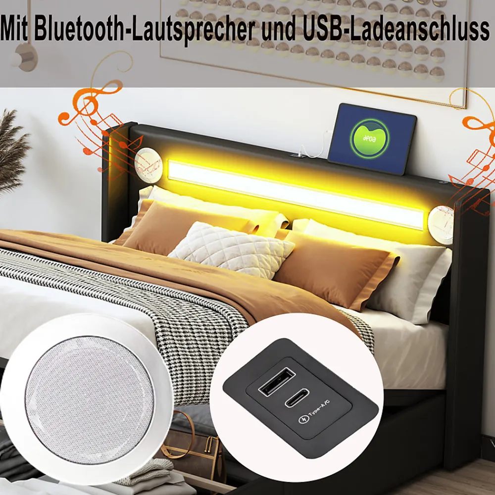 Lit double 140x200 cm en similicuir noir avec LED, lecteur Bluetooth, ports USB et rangement, lit pratique et moderne>ProximaX Sale