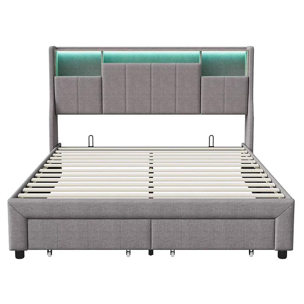 ProximaX Lit double 140x200 cm en tissu lin gris, avec 2 tiroirs, tête de lit à poches latérales, rangements intégrés et éclairage LED* Lit Coffre