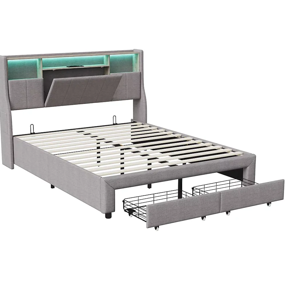 ProximaX Lit double 140x200 cm en tissu lin gris, avec 2 tiroirs, tête de lit à poches latérales, rangements intégrés et éclairage LED* Lit Coffre