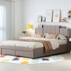 ProximaX Lit double 140x200 cm en tissu lin gris, avec 2 tiroirs, tête de lit à poches latérales, rangements intégrés et éclairage LED* Lit Coffre