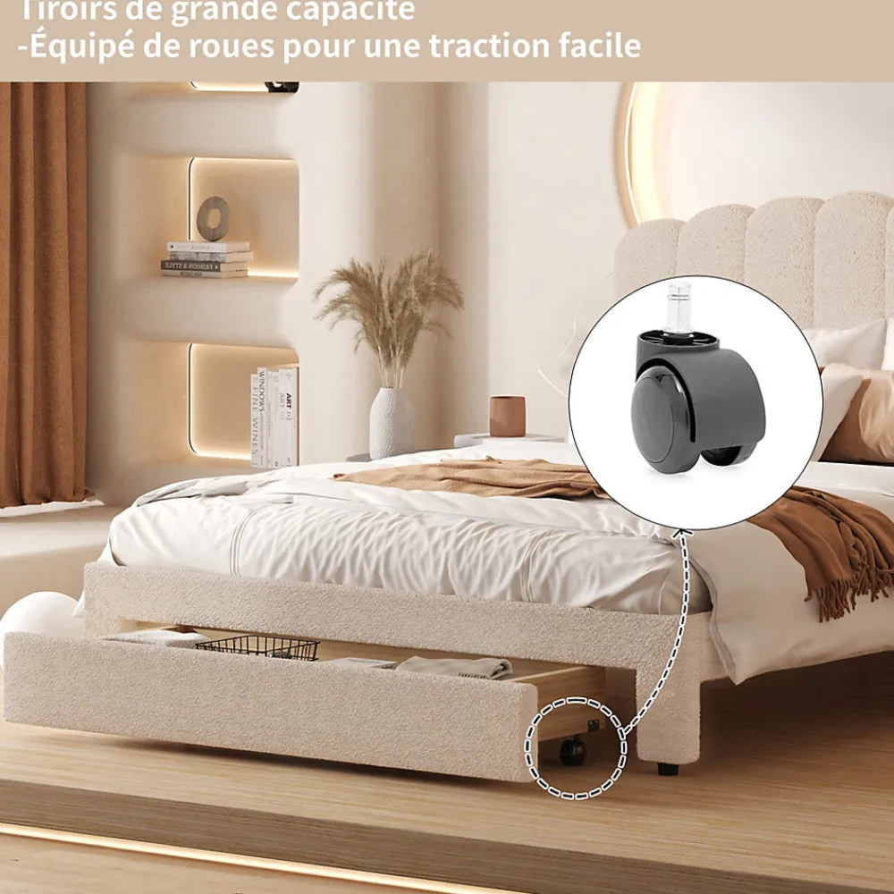 Lit double 160x200 cm en tissu teddy beige, Tiroirs de rangement au pied du lit et ports USB intégrés>ProximaX Best