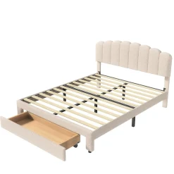 Lit double 160x200 cm en tissu teddy beige, Tiroirs de rangement au pied du lit et ports USB intégrés><noscript><img width=