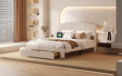 Lit double 160x200 cm en tissu teddy beige, Tiroirs de rangement au pied du lit et ports USB intégrés><noscript><img width=