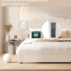 Lit double 140x200 cm en tissu teddy beige, Tiroirs de rangement au pied du lit et ports USB intégrés><noscript><img width=