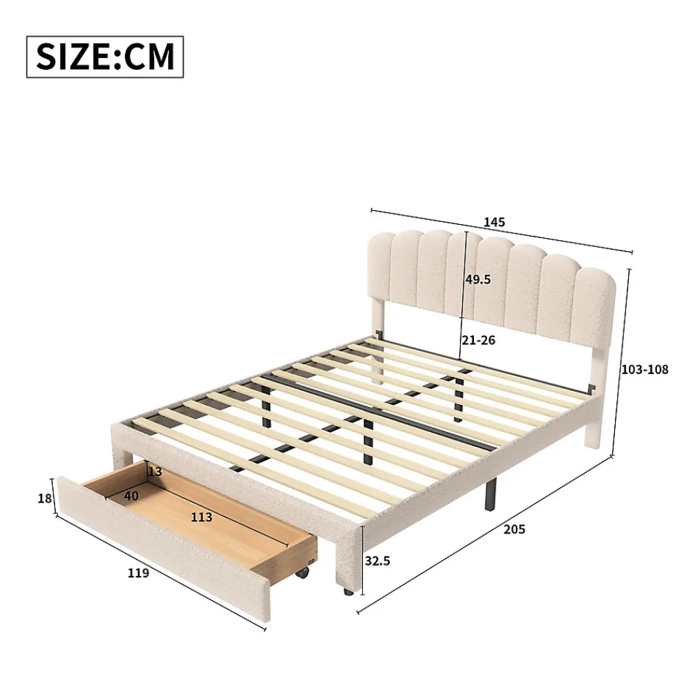 Lit double 140x200 cm en tissu teddy beige, Tiroirs de rangement au pied du lit et ports USB intégrés>ProximaX Discount