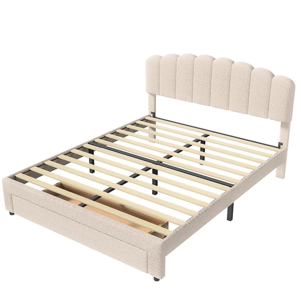 Lit double 140x200 cm en tissu teddy beige, Tiroirs de rangement au pied du lit et ports USB intégrés>ProximaX Discount