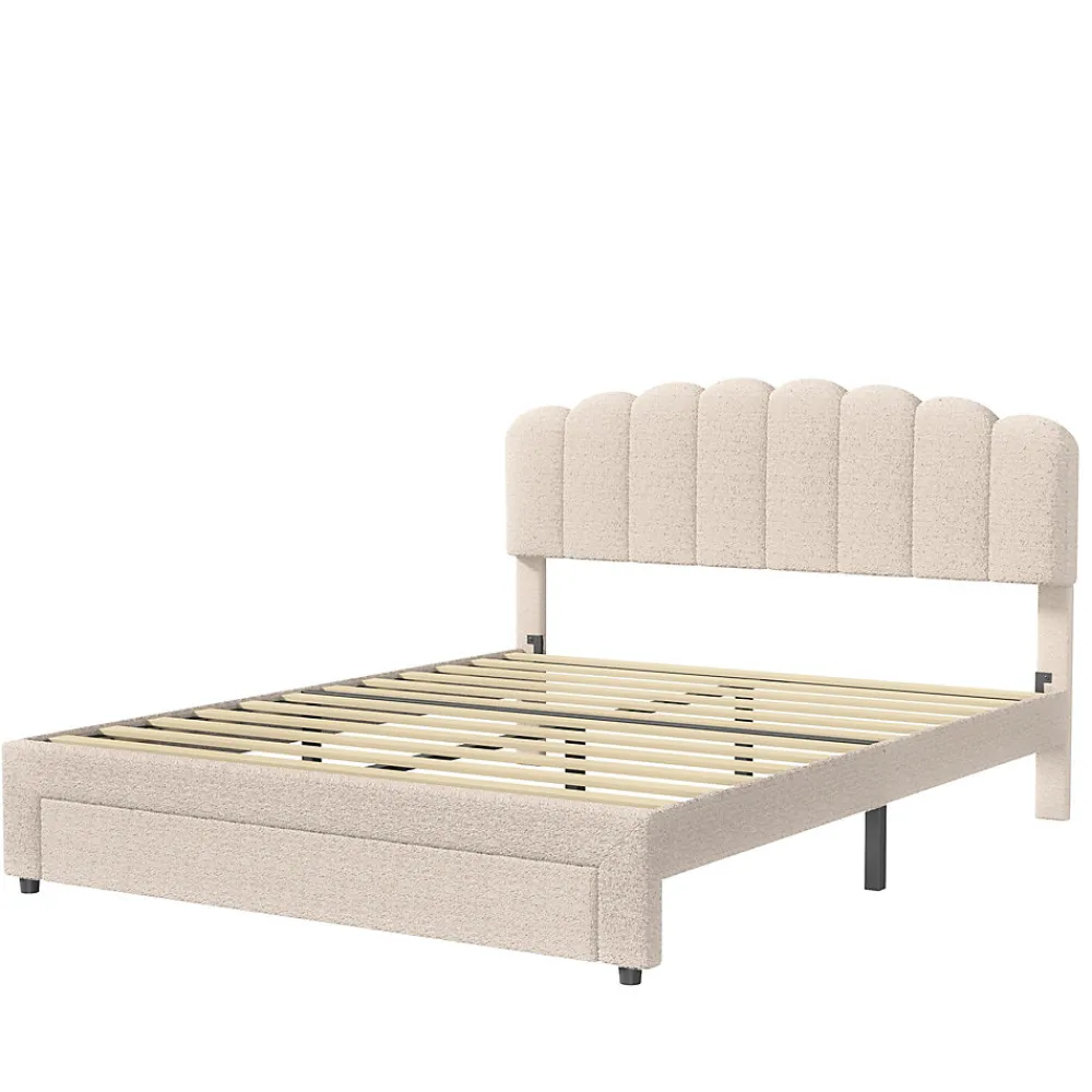 Lit double 140x200 cm en tissu teddy beige, Tiroirs de rangement au pied du lit et ports USB intégrés>ProximaX Discount