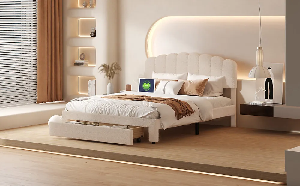 Lit double 140x200 cm en tissu teddy beige, Tiroirs de rangement au pied du lit et ports USB intégrés>ProximaX Discount