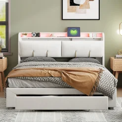 Lit double 160x200 cm en velours beige, avec rangement, LED et ports USB>Generique Sale