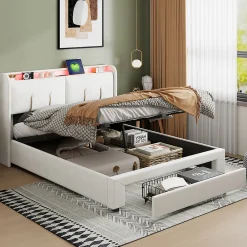 Lit double 160x200 cm en velours beige, avec rangement, LED et ports USB><noscript><img width=