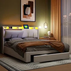 Lit double 160x200 cm en velours beige, avec rangement, LED et ports USB><noscript><img width=