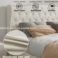 Lit double 140x200 cm en velours blanc cassé avec clous décoratifs, motif ondulé, sommier à lattes et rangement><noscript><img width=
