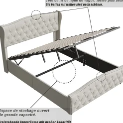 Lit double 140x200 cm en velours blanc cassé avec clous décoratifs, motif ondulé, sommier à lattes et rangement><noscript><img width=