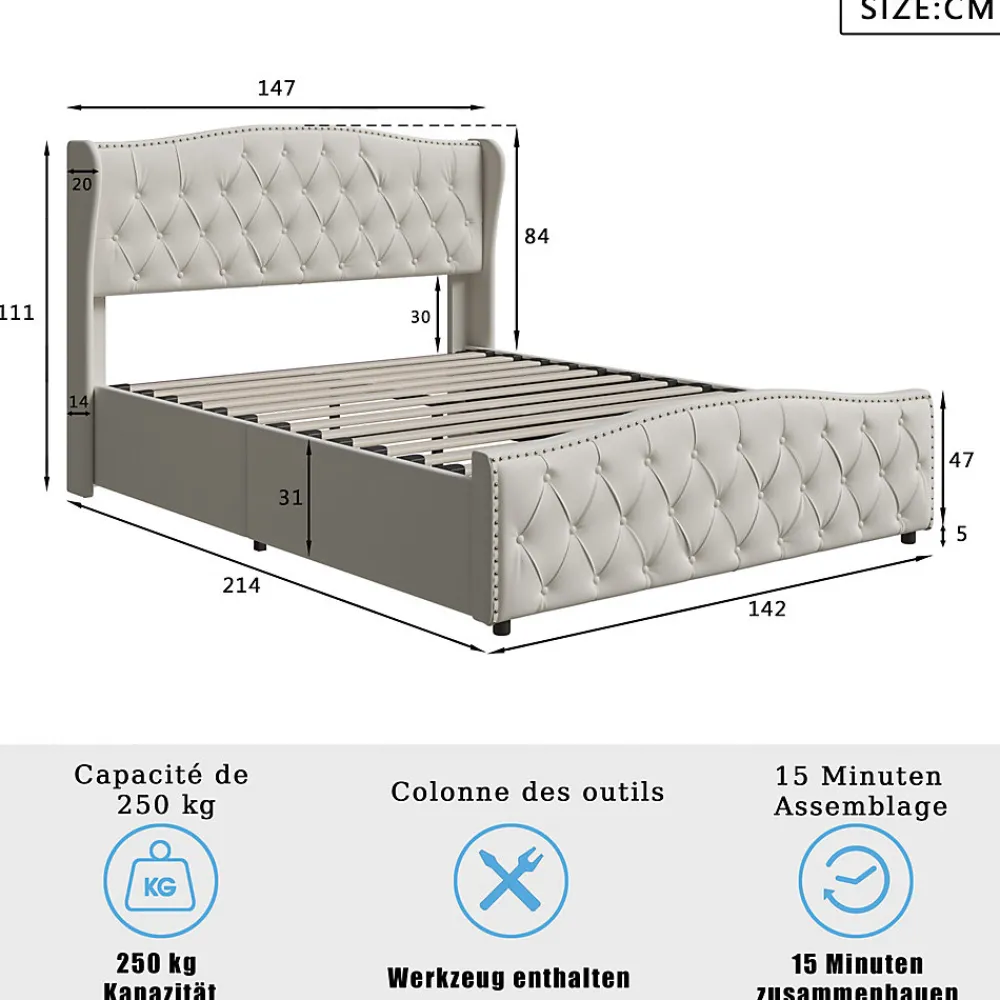 Lit double 140x200 cm en velours blanc cassé avec clous décoratifs, motif ondulé, sommier à lattes et rangement>ProximaX Hot