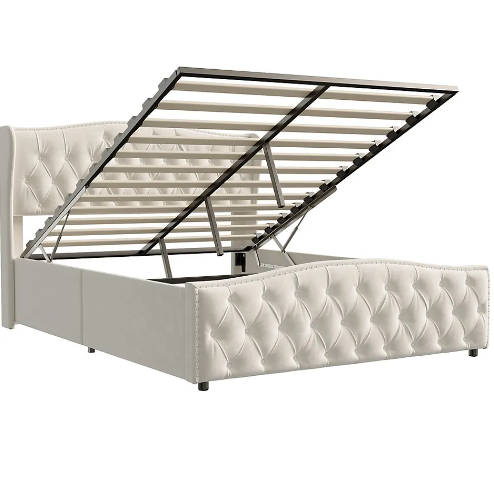 Lit double 140x200 cm en velours blanc cassé avec clous décoratifs, motif ondulé, sommier à lattes et rangement>ProximaX Hot