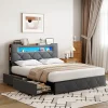 Simple Life Lit double 140x190 cm en velours gris avec LED,USB, sommier à lattes, tête de lit rangement et 4 tiroirs, Velours, Beige* Lit Coffre