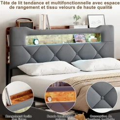 Simple Life Lit double 140x190 cm en velours gris avec LED,USB, sommier à lattes, tête de lit rangement et 4 tiroirs, Velours, Beige* Lit Coffre