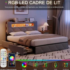 Simple Life Lit double 140x190 cm en velours gris avec LED,USB, sommier à lattes, tête de lit rangement et 4 tiroirs, Velours, Beige* Lit Coffre