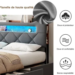 Simple Life Lit double 140x190 cm en velours gris avec LED,USB, sommier à lattes, tête de lit rangement et 4 tiroirs, Velours, Beige* Lit Coffre