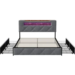Simple Life Lit double 140x190 cm en velours gris avec LED,USB, sommier à lattes, tête de lit rangement et 4 tiroirs, Velours, Beige* Lit Coffre