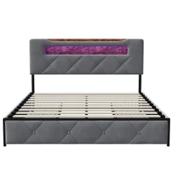 Simple Life Lit double 140x190 cm en velours gris avec LED,USB, sommier à lattes, tête de lit rangement et 4 tiroirs, Velours, Beige* Lit Coffre