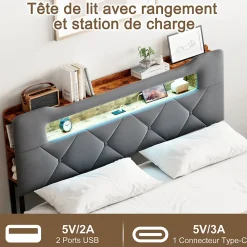 Simple Life Lit double 140x190 cm en velours gris avec LED,USB, sommier à lattes, tête de lit rangement et 4 tiroirs, Velours, Beige* Lit Coffre