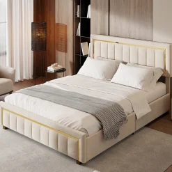 Lit double 160x200 cm en velours avec bordure dorée, tête de lit capitonnée, lit coffre avec espace de rangement, Beige>ProximaX Sale