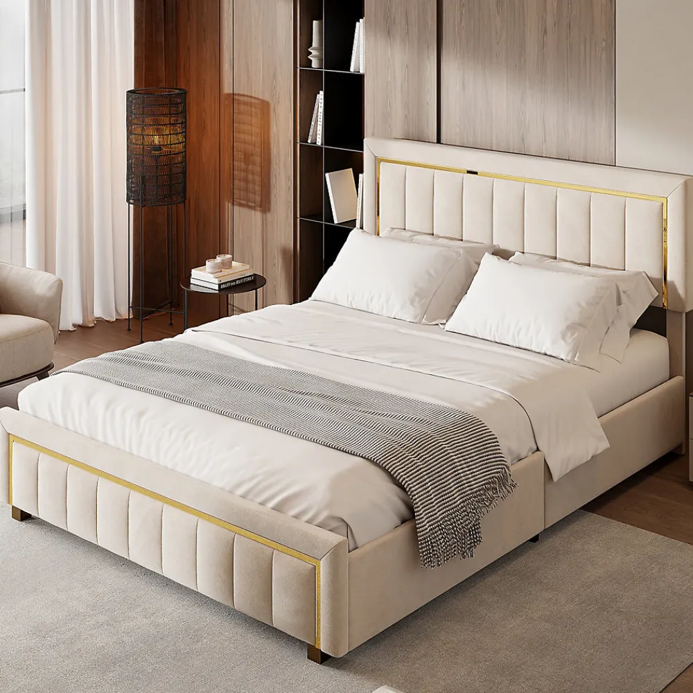 Lit double 160x200 cm en velours avec bordure dorée, tête de lit capitonnée, lit coffre avec espace de rangement, Beige>ProximaX Sale