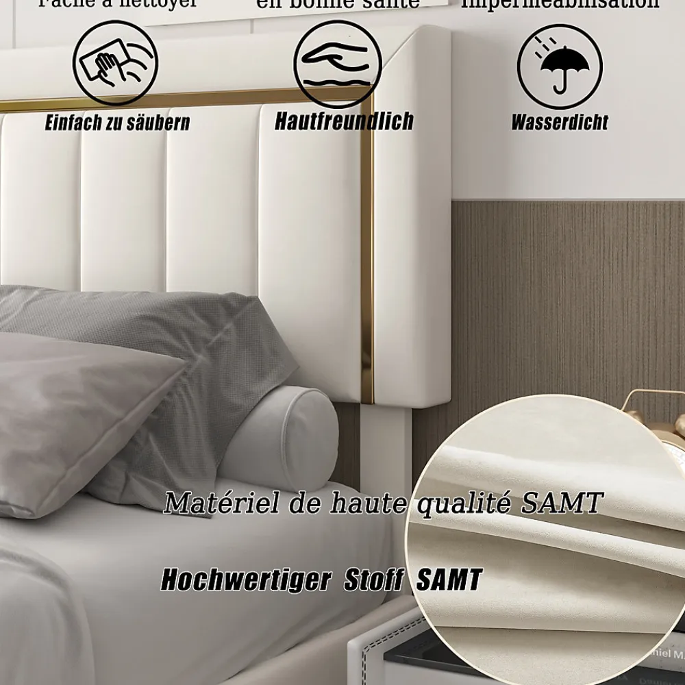 Lit double 160x200 cm en velours avec bordure dorée, tête de lit capitonnée, lit coffre avec espace de rangement, Beige>ProximaX Sale
