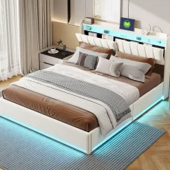 Lit double 140x200 cm en velours beige avec éclairage LED RGB, ports USB & Type-C, tête de lit avec rangement>ProximaX Discount