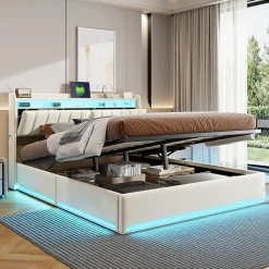 Lit double 140x200 cm en velours beige avec éclairage LED RGB, ports USB & Type-C, tête de lit avec rangement><noscript><img width=
