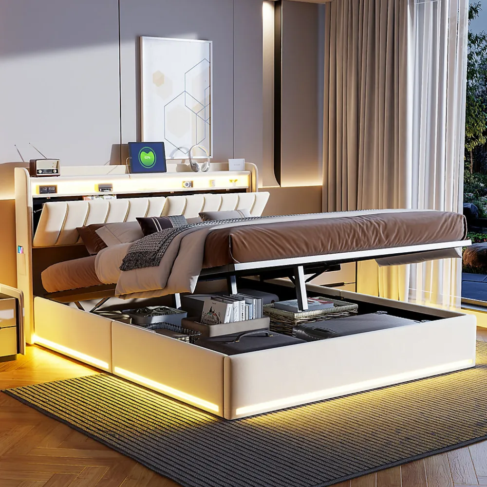 Lit double 140x200 cm en velours beige avec éclairage LED RGB, ports USB & Type-C, tête de lit avec rangement>ProximaX Discount
