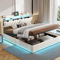 Lit double 140x200 cm en velours beige avec éclairage LED RGB, ports USB & Type-C, tête de lit avec rangement><noscript><img width=