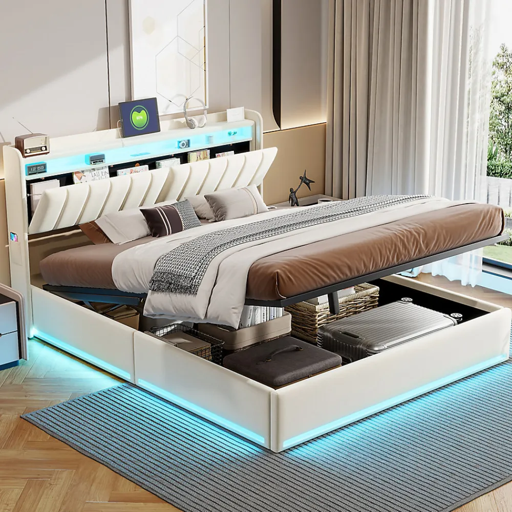 Lit double 140x200 cm en velours beige avec éclairage LED RGB, ports USB & Type-C, tête de lit avec rangement>ProximaX Discount