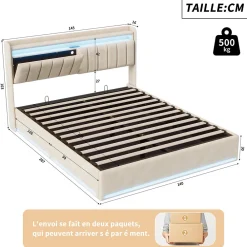 Lit double 140x200 cm en velours beige avec éclairage LED RGB, ports USB & Type-C, tête de lit avec rangement><noscript><img width=