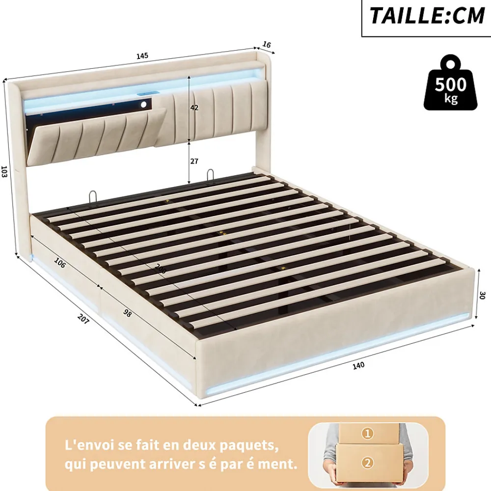 Lit double 140x200 cm en velours beige avec éclairage LED RGB, ports USB & Type-C, tête de lit avec rangement>ProximaX Discount