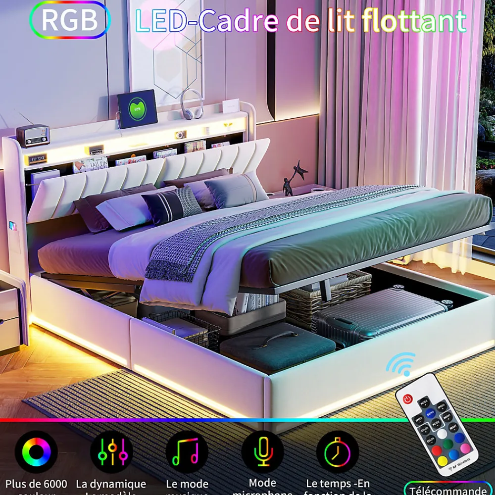 Lit double 140x200 cm en velours beige avec éclairage LED RGB, ports USB & Type-C, tête de lit avec rangement>ProximaX Discount