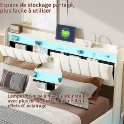 Lit double 140x200 cm en velours beige avec éclairage LED RGB, ports USB & Type-C, tête de lit avec rangement><noscript><img width=