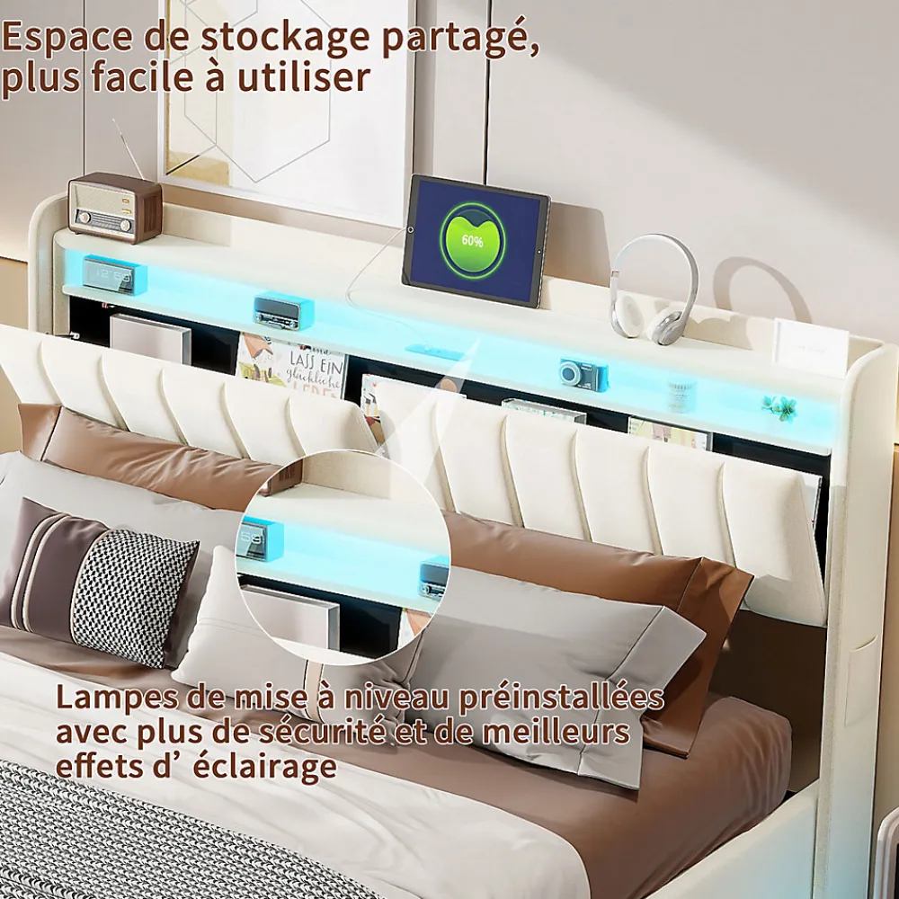 Lit double 140x200 cm en velours beige avec éclairage LED RGB, ports USB & Type-C, tête de lit avec rangement>ProximaX Discount
