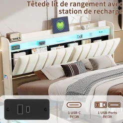 Lit double 140x200 cm en velours beige avec éclairage LED RGB, ports USB & Type-C, tête de lit avec rangement><noscript><img width=